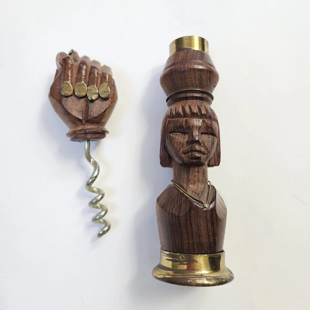 Vintage Wood Brass FIGA Fist Sign Wine Corkscrew & Bottle Opener Hand Carved